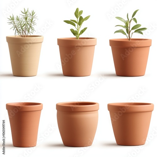 A row of six potted plants are lined up, each with a different size and shape