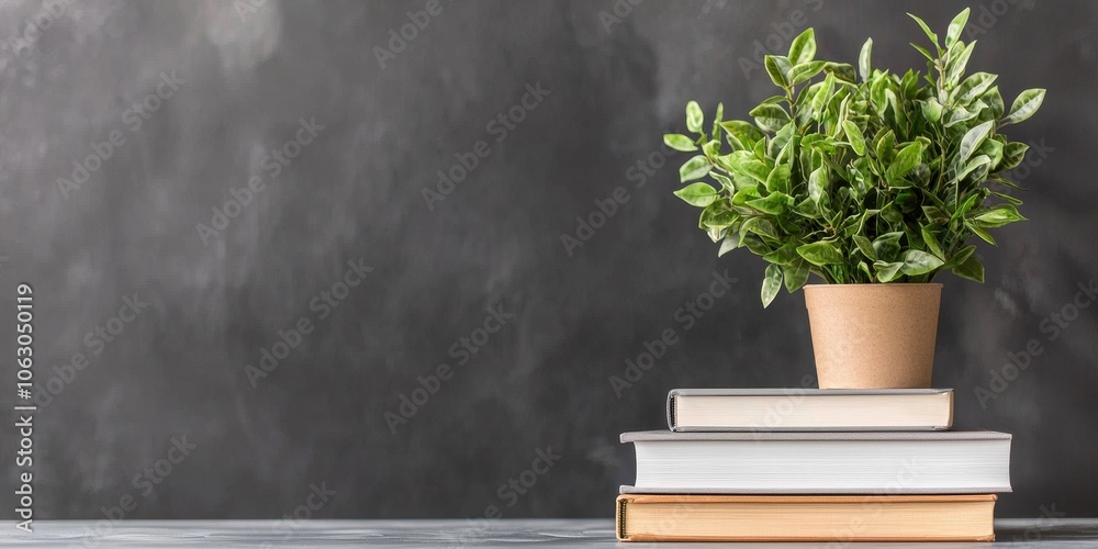 Book stack with potted plant on wooden table against textured background. Book stack with potted plant on wooden table against textured background.