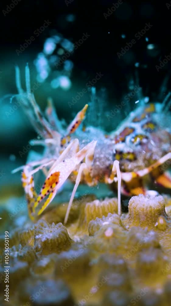 vertical beautiful colorful exotic tiger shrimp standing on rocks in tropical coral reef, underwater macro, Philippines, Asia vertical beautiful colorful exotic tiger shrimp standing on rocks in tropical coral reef, underwater macro, Philippines, Asia
