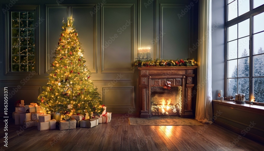 Fototapeta premium interior christmas. magic glowing tree, fireplace, gifts .