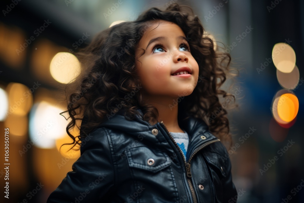 portrait of little girl with curly hair in the city at night portrait of little girl with curly hair in the city at night