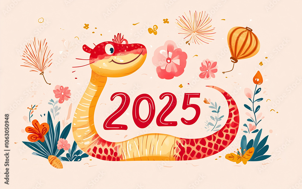 Colorful illustration of a friendly snake welcoming the year 2025 with flowers and festive elements on a soft background Colorful illustration of a friendly snake welcoming the year 2025 with flowers and festive elements on a soft background