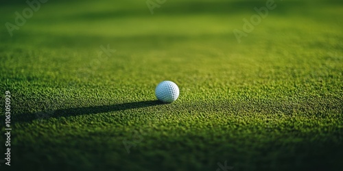 Close-up of a golf ball resting on lush green grass. photo