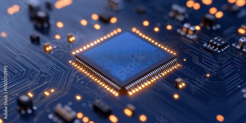 Close-up of a microchip on a circuit board with glowing elements.