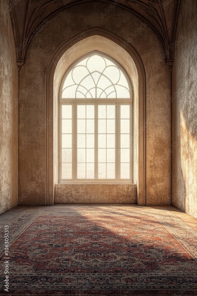 A large arched window in a room with a patterned rug and sunbeam. A large arched window in a room with a patterned rug and sunbeam.