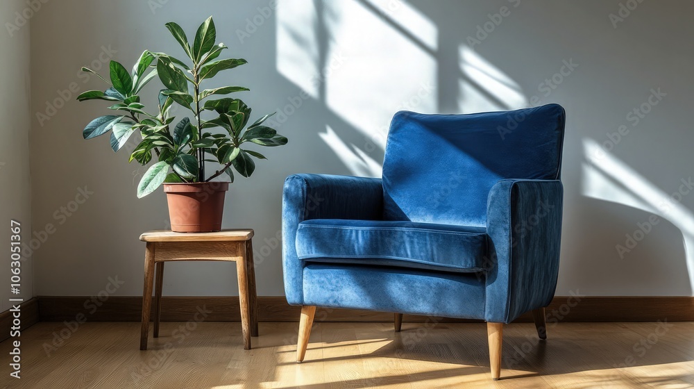 Cozy living room with a mini armchair in deep blue, paired with a wooden side table holding a potted plant, natural sunlight streaming in, and light hardwood floors, Cozy living room with a mini armchair in deep blue, paired with a wooden side table holding a potted plant, natural sunlight streaming in, and light hardwood floors,