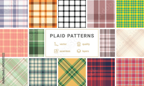 Plaid patterns in classic checks and geometric designs, perfect for textile, clothing, or wallpaper with a celtic influence.