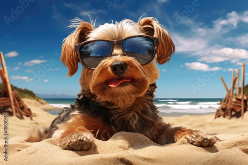 Dog wearing black sunglasses lying on the sand at a sunny beach. Playful and fun summer portrait for vacation themes. photo