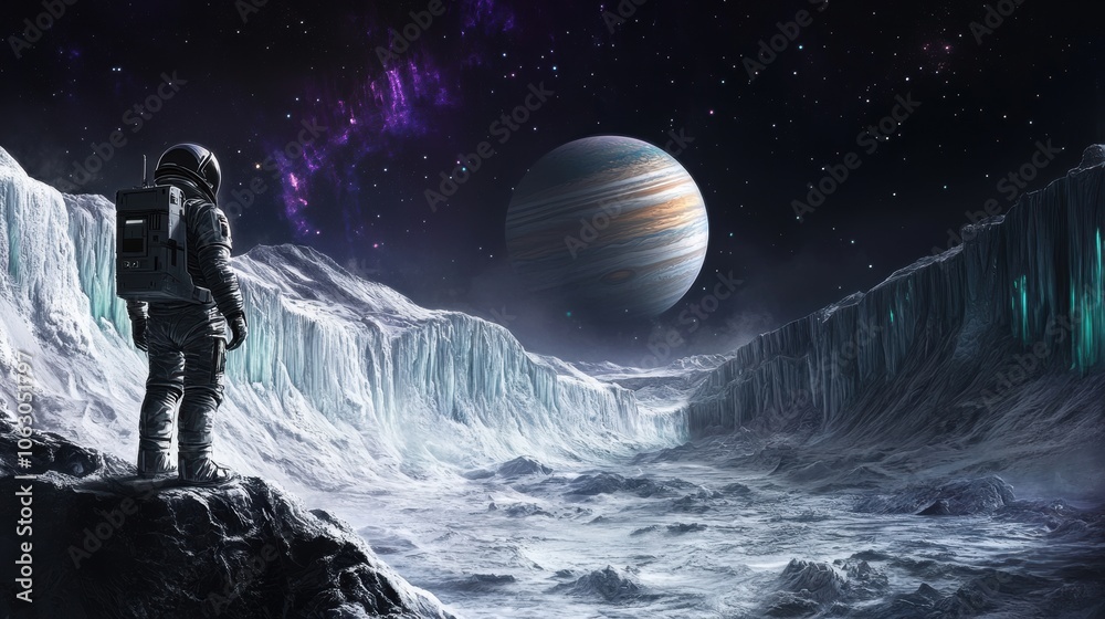 Fototapeta premium Astronaut at the Edge of an Icy Landscape