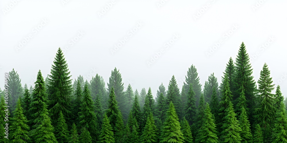 Fototapeta premium Misty forest with tall evergreen trees.