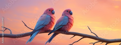 Two pink parrots sitting on a branch against a sunset sky. Romantic and colorful bird photography for nature and wildlife themes. photo