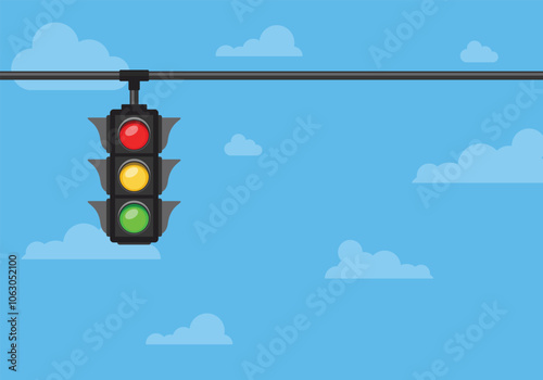 Traffic lights on hanging against blue sky with clouds vector illustration