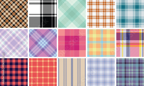 Classic plaid textile patterns featuring checkered designs in trendy colors, perfect for fabric prints, wallpaper, or stylish shirts.