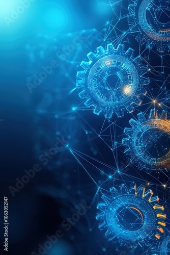 A blue and orange image of gears and a blue background