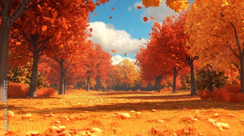 A 3D computer program was used to generate this cartoon-style image of a fall landscape with trees.