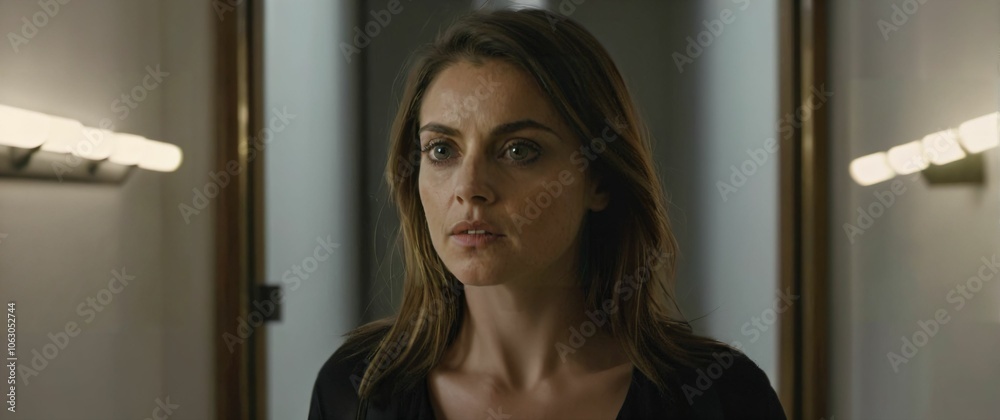 Woman walking confidently through the doors of an exclusive art gallery under dramatic spotlight beams Woman walking confidently through the doors of an exclusive art gallery under dramatic spotlight beams