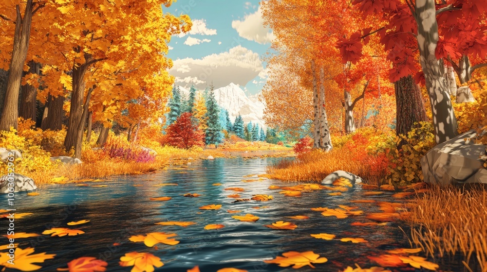 A 3D computer program was used to generate this cartoon-style image of a fall landscape with trees