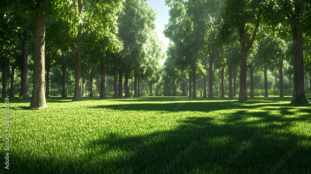 Obraz premium Sunbeams illuminate a lush green forest clearing with tall trees casting long shadows on the grass.