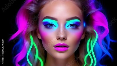 Portrait of a fashion model with the neon makeup.