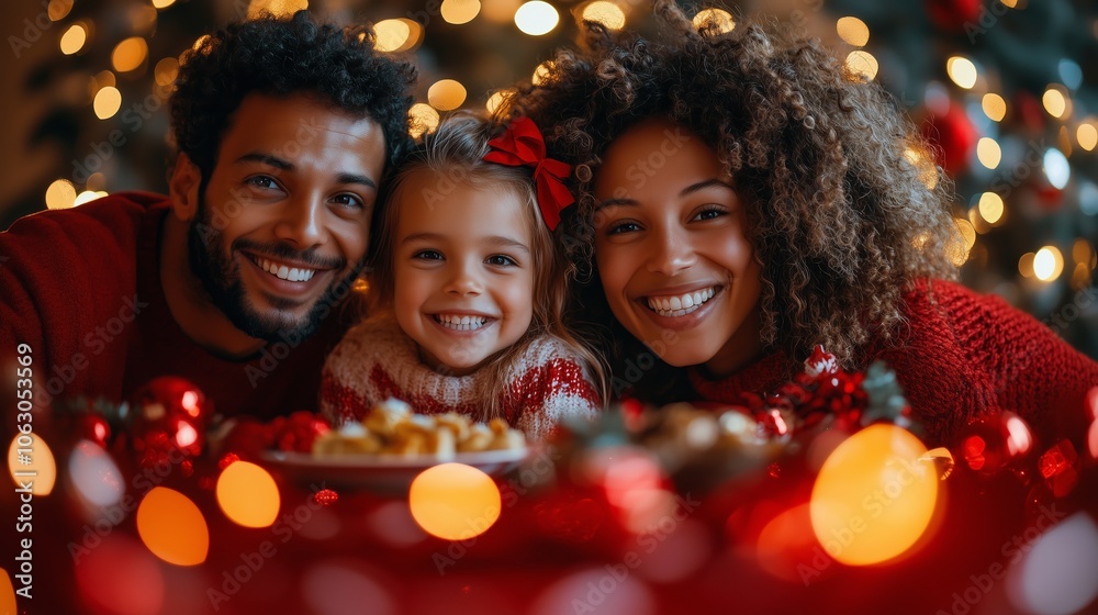 A heartwarming image of a diverse family smiling and enjoying the festive holiday season together.