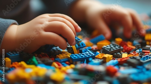 A child's hands playing with colorful building blocks.