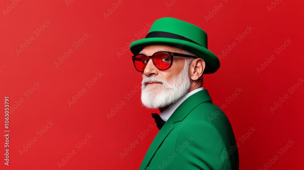 Man in a green suit and hat is wearing red glasses. He is standing in front of a red background Man in a green suit and hat is wearing red glasses. He is standing in front of a red background
