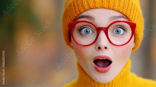 Woman with red glasses and a yellow hat is looking surprised. The image has a bright and cheerful mood, with the woman's outfit and accessories adding to the overall positive vibe