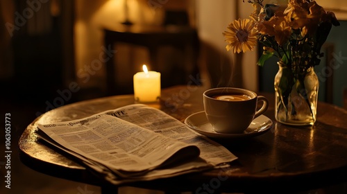 Cozy Cafe Table with Coffee Candle Newspaper and Flowers