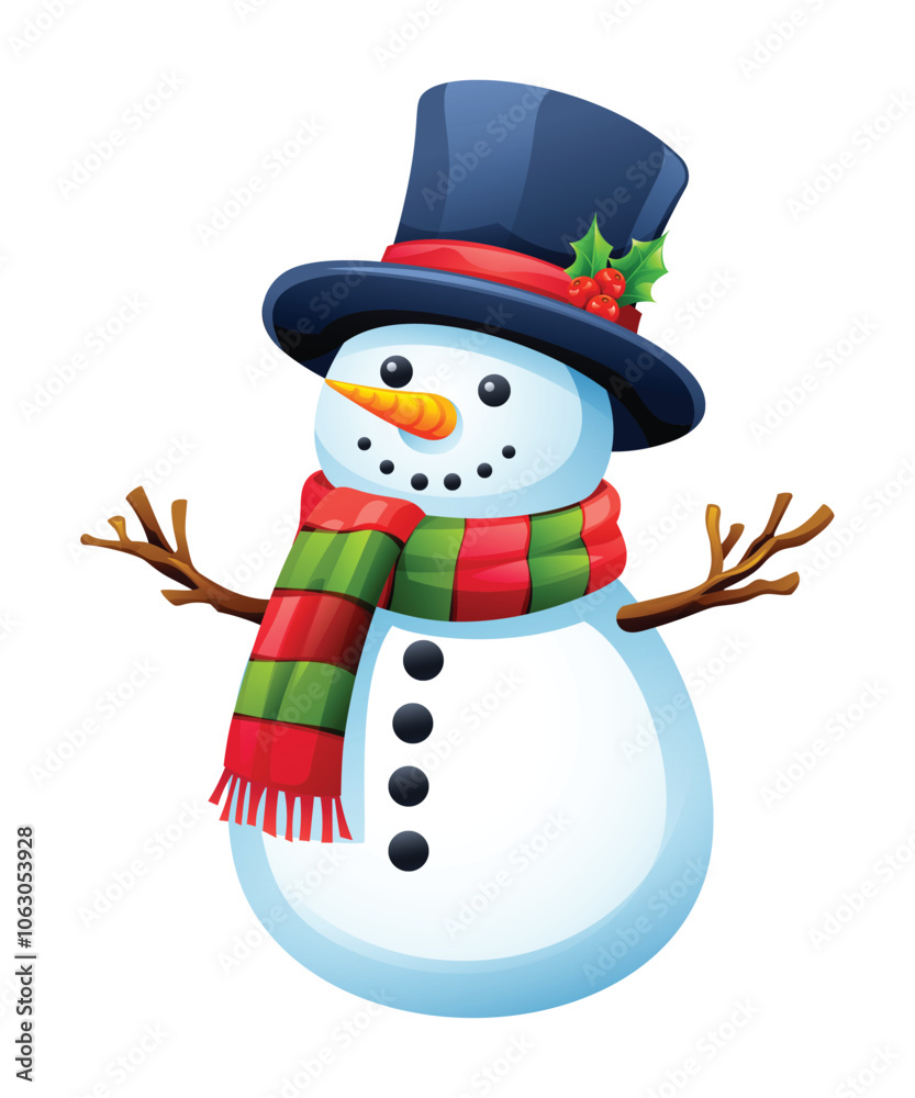 Cute snowman with hat, twig arms, and festive scarf celebrating winter. Vector cartoon illustration Cute snowman with hat, twig arms, and festive scarf celebrating winter. Vector cartoon illustration