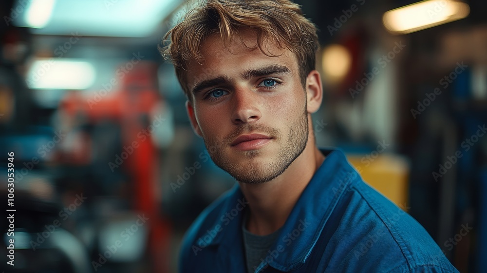 Young man with a beard and blue shirt is looking at the camera. He has a serious expression on his face Young man with a beard and blue shirt is looking at the camera. He has a serious expression on his face