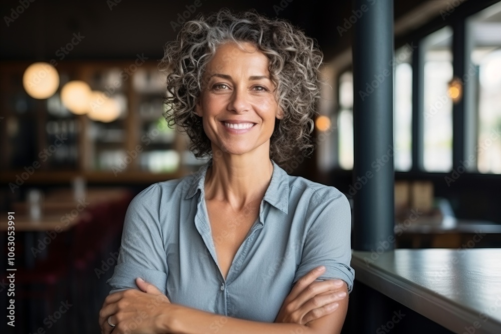 Portrait of smiling businesswoman standing with arms crossed in coffee shop Portrait of smiling businesswoman standing with arms crossed in coffee shop