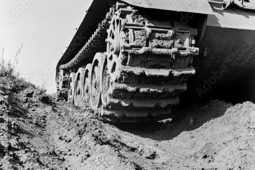 A detailed close-up view of tank treads navigating through muddy terrain, highlighting the rugged, mechanical elements essential in modern battlefield scenarios. photo