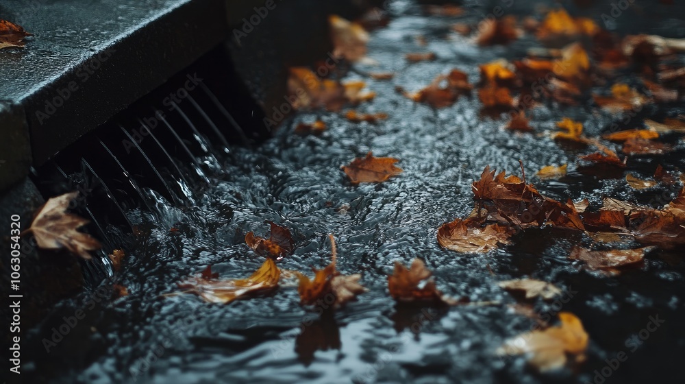 Swirling rainwater rushing over a storm drain choked with fallen leaves, creating a mess of debris Swirling rainwater rushing over a storm drain choked with fallen leaves, creating a mess of debris