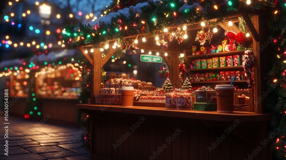 A beautiful hot cocoa station with garland and sparkling lights at a holiday market. It radiates joy and warmth and serves delectable sweets and beverages to lift your spirits on a chilly winter day. A beautiful hot cocoa station with garland and sparkling lights at a holiday market. It radiates joy and warmth and serves delectable sweets and beverages to lift your spirits on a chilly winter day.