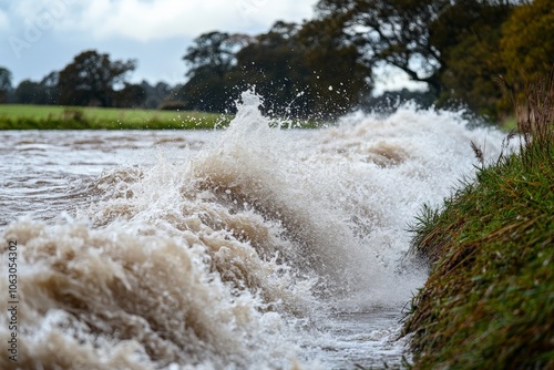 A forceful river wave splashes over a grassy riverbank, capturing the movement and vigor of nature in a rural setting bathed in gentle daylight.