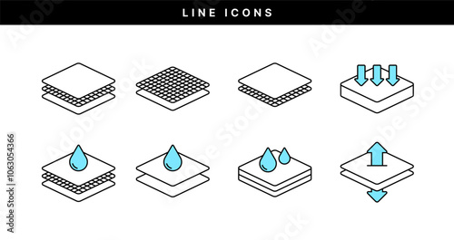 Waterproof and absorbent, layer, layer, material, line icon for breathability, fabric, material, skin, absorbent
