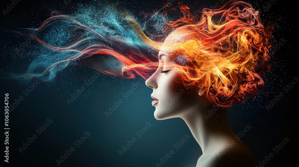 A woman's face is shown with a fiery, colorful mane A woman's face is shown with a fiery, colorful mane