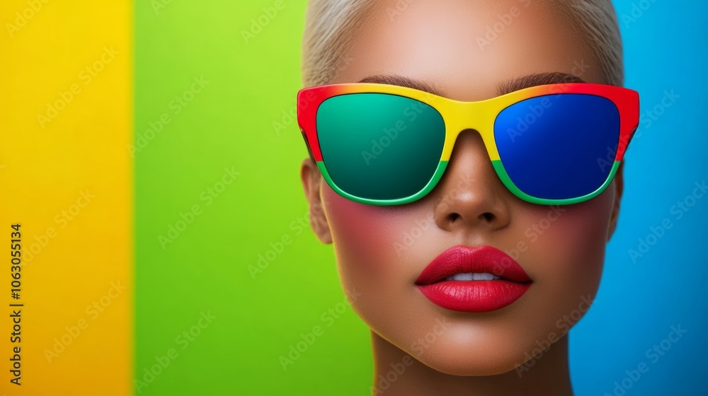 Woman wearing colorful sunglasses with a red lip. The sunglasses are multi-colored and have a reflective surface Woman wearing colorful sunglasses with a red lip. The sunglasses are multi-colored and have a reflective surface