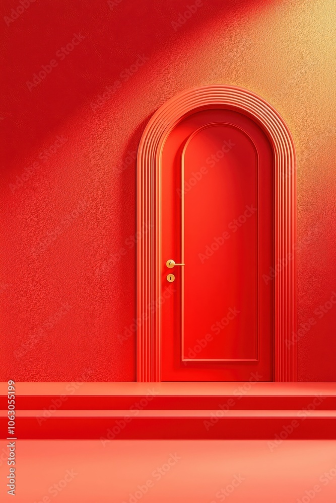 A red door with gold trim sits in front of a red wall A red door with gold trim sits in front of a red wall