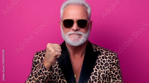 Man in a leopard print suit is standing with his hands up in the air. He is wearing sunglasses and a gold necklace