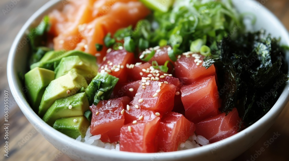A colorful poke bowl featuring diced fresh tuna and salmon, A colorful poke bowl featuring diced fresh tuna and salmon,