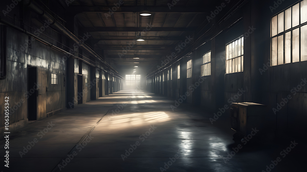 Empty corridors of an old factory, with flickering light and shadows casting an ominous, mysterious mood. Empty corridors of an old factory, with flickering light and shadows casting an ominous, mysterious mood.