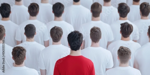 Individual standing out in a crowd of identical white shirts, symbolic uniqueness. photo