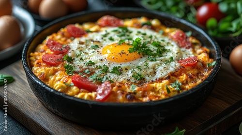 A delicious baked dish with eggs, tomatoes, and herbs.