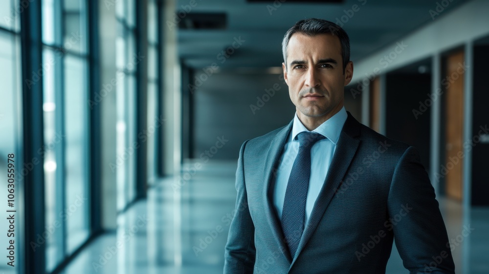 A confident businessman in a tailored suit standing A confident businessman in a tailored suit standing