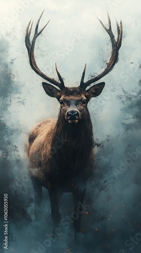 A majestic deer with large antlers stands in a foggy forest.