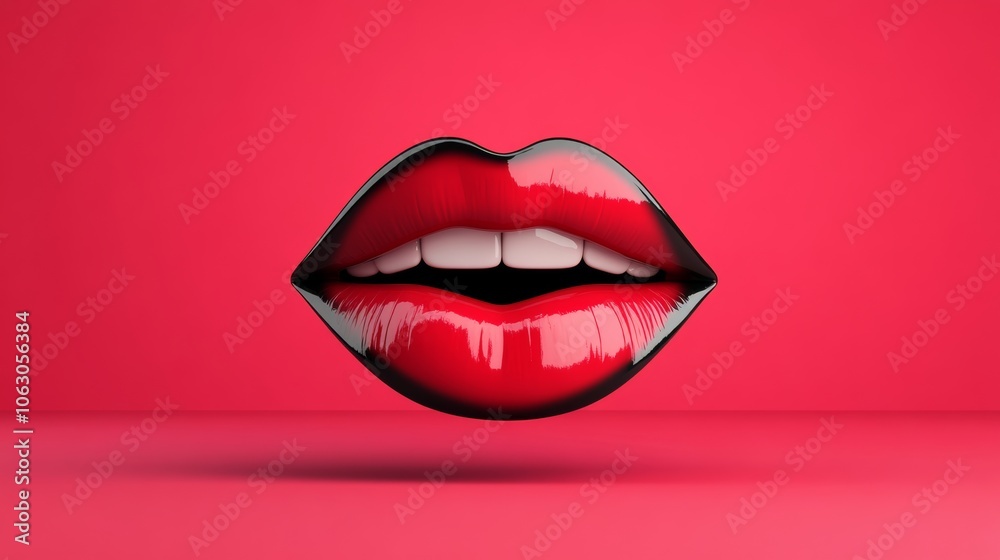 Close up of a red lip with a smile on it. The lip is shown in a 3D perspective, giving it a unique and artistic appearance. The red color of the lip and the pink background create a bold Close up of a red lip with a smile on it. The lip is shown in a 3D perspective, giving it a unique and artistic appearance. The red color of the lip and the pink background create a bold