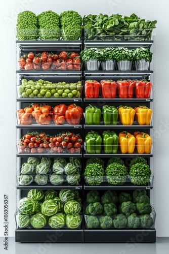 Fresh vegetables and fruits neatly organized on clear shelves.