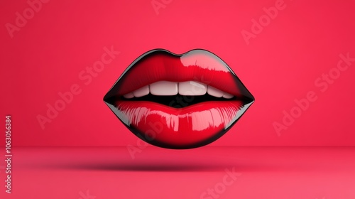 Close up of a red lip with a smile on it. The lip is shown in a 3D perspective, giving it a unique and artistic appearance. The red color of the lip and the pink background create a bold