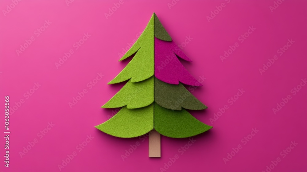 Paper tree is displayed on a pink background, with its green and pink colors creating a festive and cheerful atmosphere. The tree is a representation of the Christmas season Paper tree is displayed on a pink background, with its green and pink colors creating a festive and cheerful atmosphere. The tree is a representation of the Christmas season